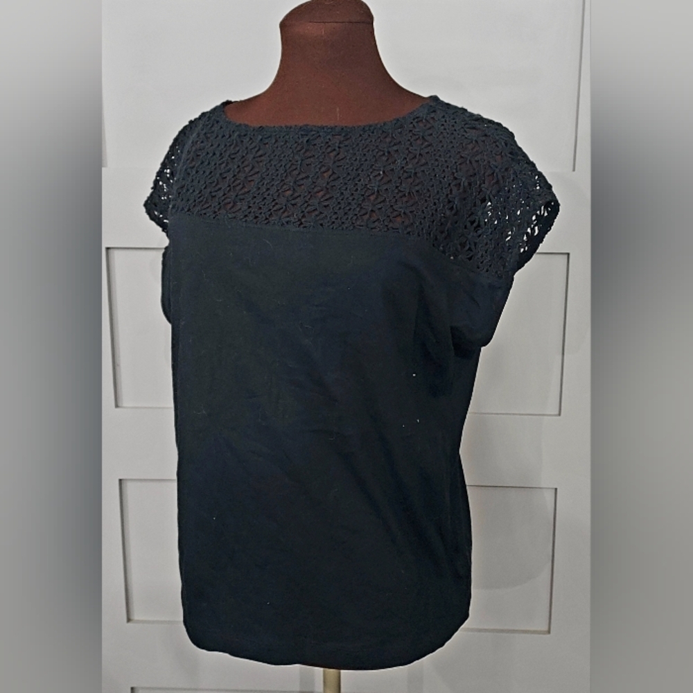 Lauren Ralph Lauren Black Crochet Short Sleeve Top